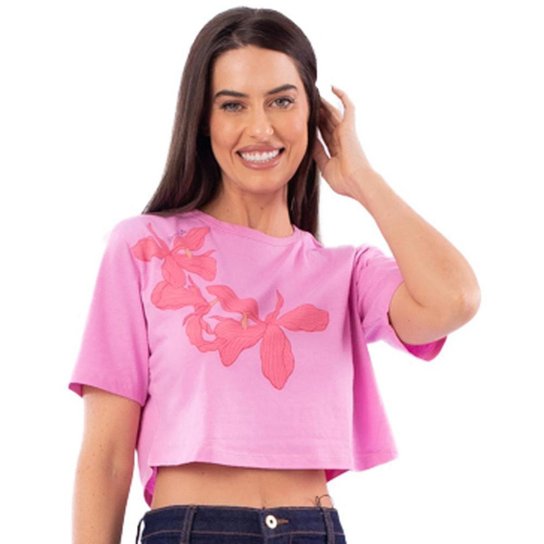 Camisetas Cropped Onça Preta Silk Feminino - Rosa