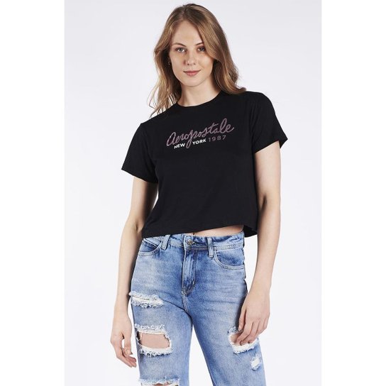 Camiseta Cropped Manga Curta Feminino Silkada Aeropostale Preto M - Preto