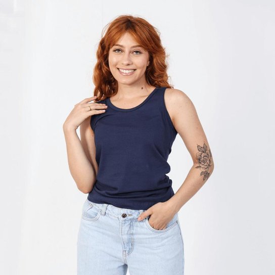 Regatinha Básica Blusas Feminina Regata 100% Algodão Lisa - Azul Petróleo