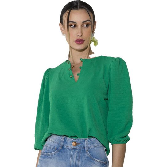 Blusa Onça Preta Manga Bufante Av23 Verde Feminino - Verde