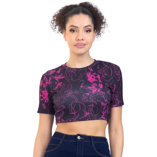 Blusa Onça Preta Estampada Basic PR23 Preto Feminino - Preto