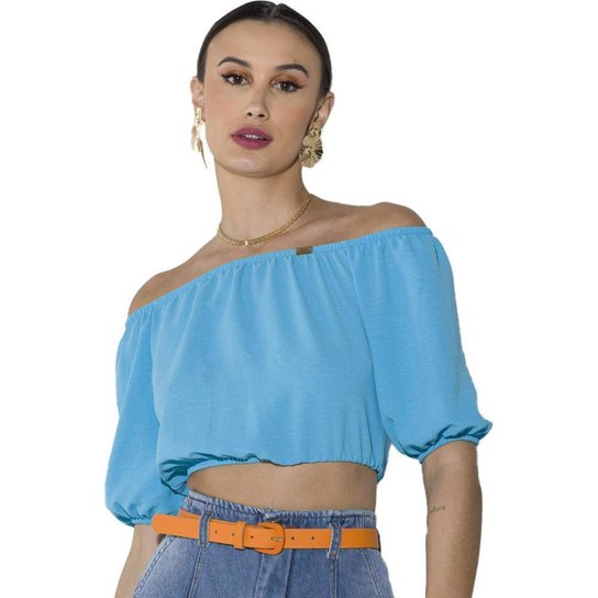 Blusa Onça Preta Ciganinha Mangas Bufantes O23 Azul Feminino - Azul