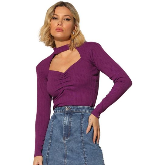 Blusa Onça Preta Basica Gola . Feminino - Roxo