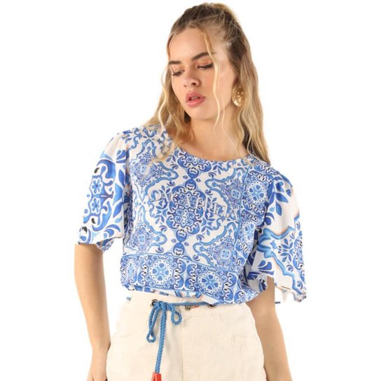 Blusa Onça Preta Barroca Manga Gode VE24 Azul Feminino - Azul