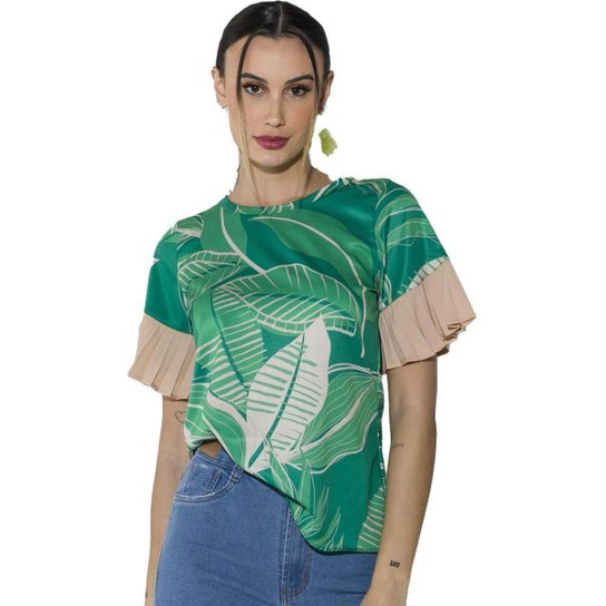 Blusa Onça Preta Ampla Manga Babado O23 Verde Feminino - Verde