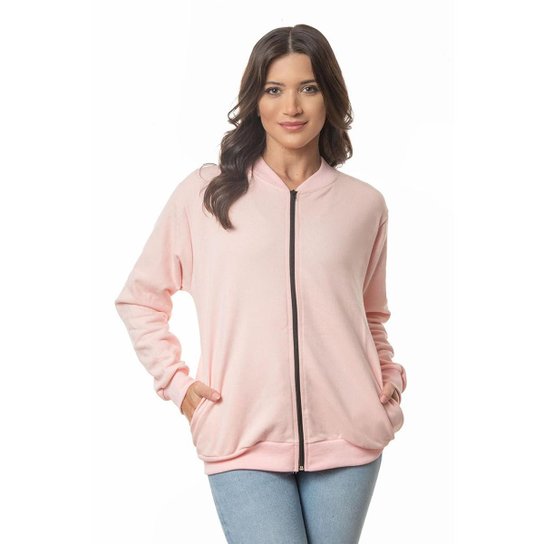 Blusa Moletom Feminino Liso Aberto com Punhos Zíper e Bolsos - Rosa