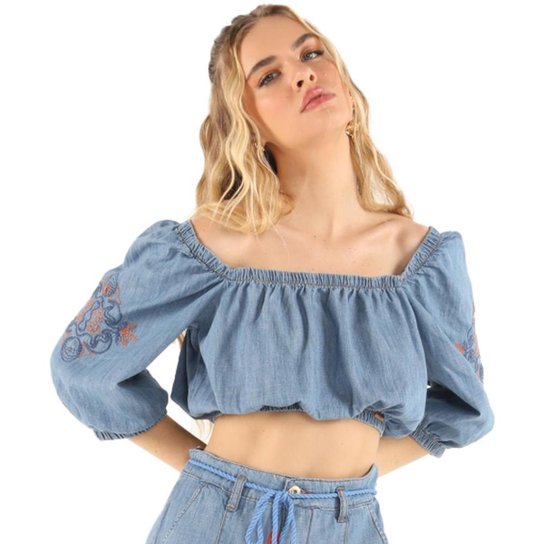 Blusa Jeans Onça Preta Manga Com Bordado VE24 Azul Feminino - Azul