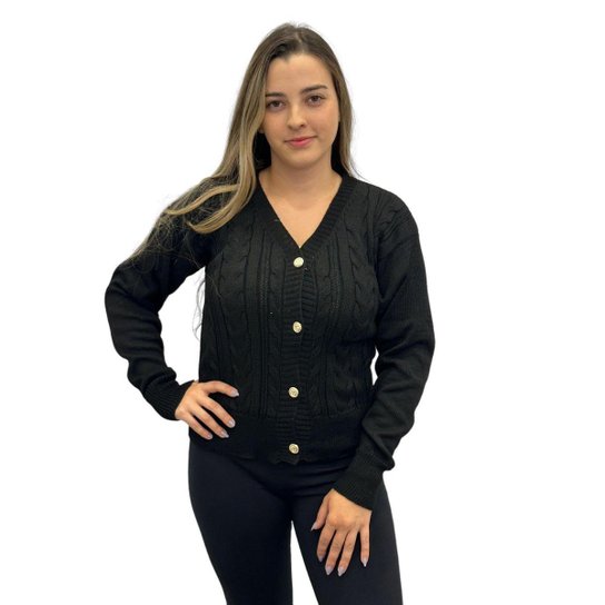 Blusa De Frio Feminino Cardigan Casaquinho Com Botoes 584 - Preto