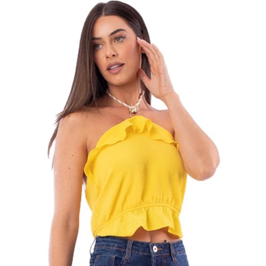 Blusa Cropped Onça Preta Babados Av23 Amarelo Feminino - Amarelo