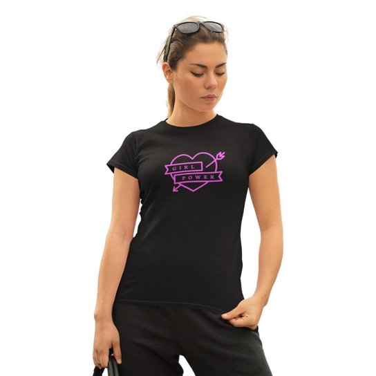 Camiseta Casual Feminino Estampa Coração Girl Power e Gola Redonda - Lilás