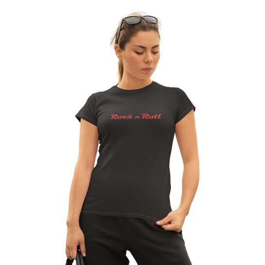 Camiseta Casual Feminino com Estampa Rock in Roll e Gola Redonda - Preto