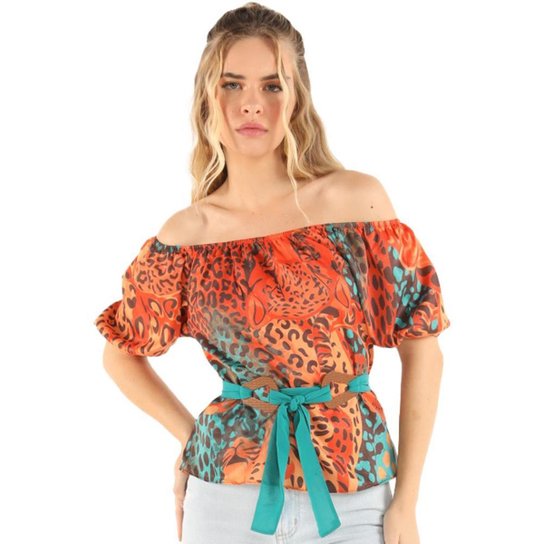 Blusa Onça Preta Cigana Com Cinto VE24 Laranja Feminino - Laranja