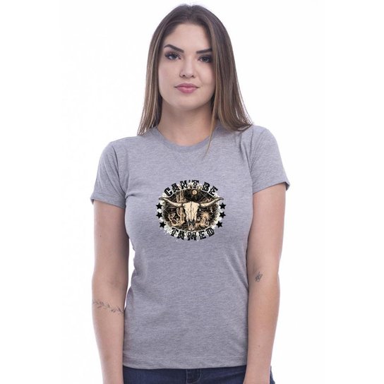 Blusa Camiseta Estampada Casual Feminino Baby Look Manga Curta Gola Redonda Adulta - Cinza