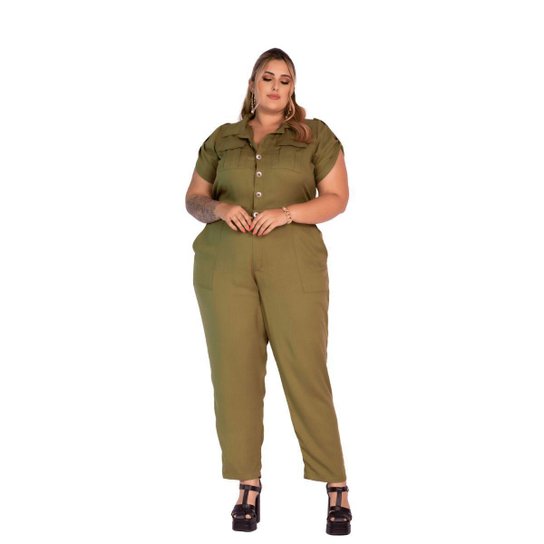 Macacão Feminino Viscose Verde Militar Plus Size Domenica - Verde Militar