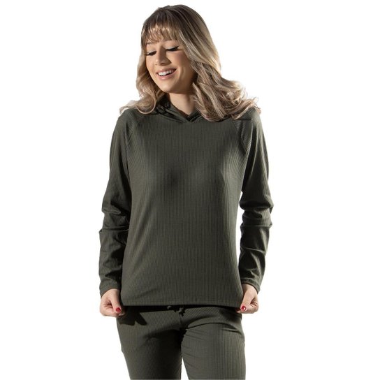 Blusas Feminina Canelada Com Capuz Comfy Moda Casual - Verde