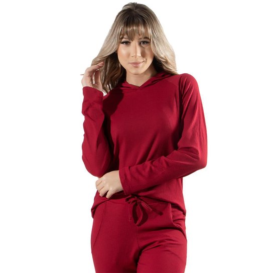 Blusas Feminina Canelada Com Capuz Comfy Moda Casual - Vermelho