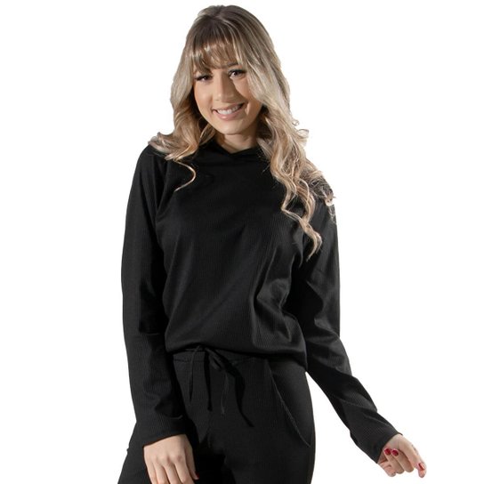 Blusas Feminina Canelada Com Capuz Comfy Moda Casual - Preto