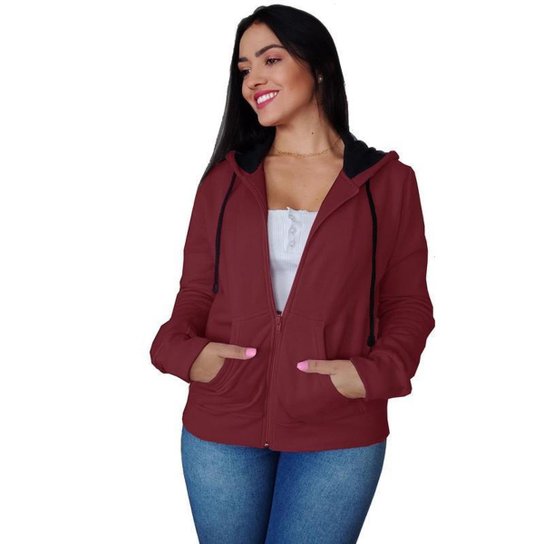 Blusa Jaqueta Moletom De Frio Aberta Feminino Ziper Canguru - Rosa - G1 - Vinho