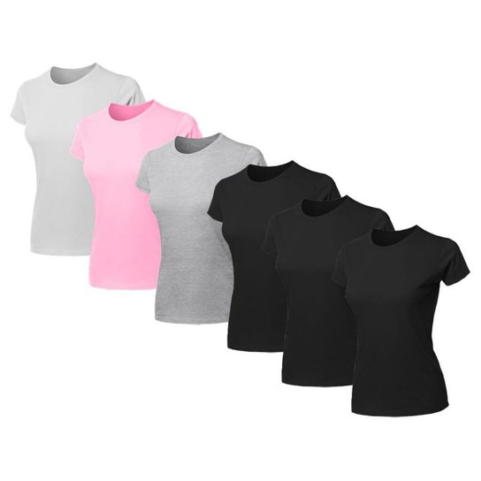 Kit 6 Blusa Feminina Camiseta Lisa Básica Algodão Camisa Baby Look Blusas - Preto+Cinza