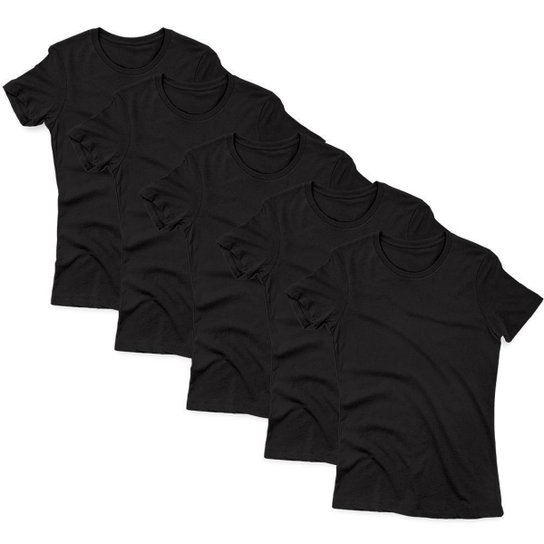 Kit 5 Camisetas Geogus Manga Curta 100% Algodão Feminino - Preto