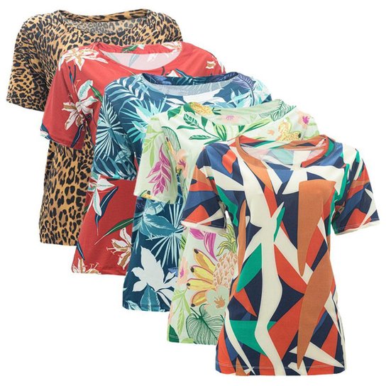 Kit 5 Blusas Liganete Feminina Estampada Manga Curta Senhora - Caramelo+Vermelho