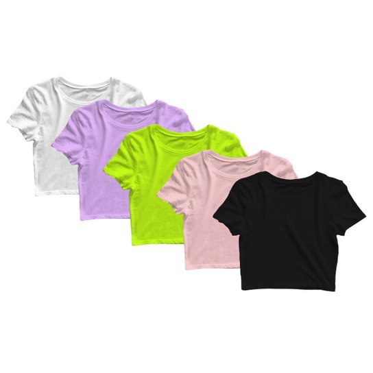 Kit 5 Blusas Cropped Blusinha Camiseta Feminina Lisa - Rosa+Verde