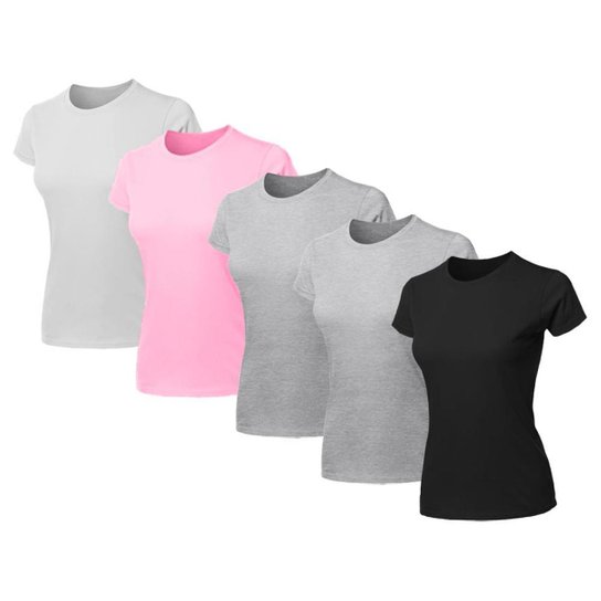 Kit 5 Blusa Feminina Camiseta Lisa Básica Algodão Camisa Baby Look Blusas - Preto+Cinza