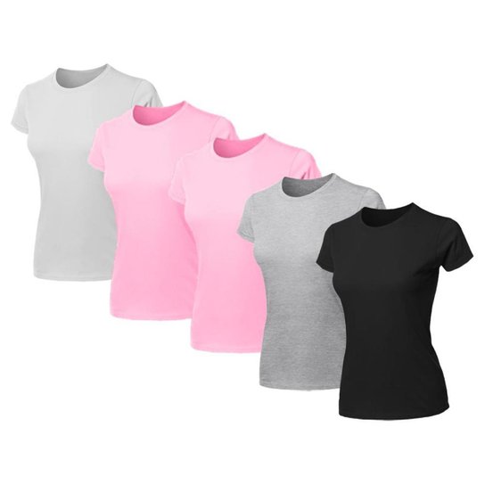 Kit 5 Blusa Feminina Camiseta Lisa Básica Algodão Camisa Baby Look Blusas - Rosa+Cinza