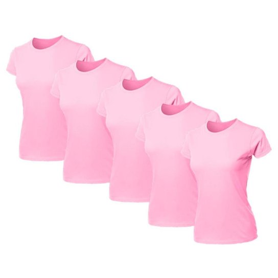 Kit 5 Blusa Feminina Camiseta Lisa Básica Algodão Camisa Baby Look Blusas - Rosa