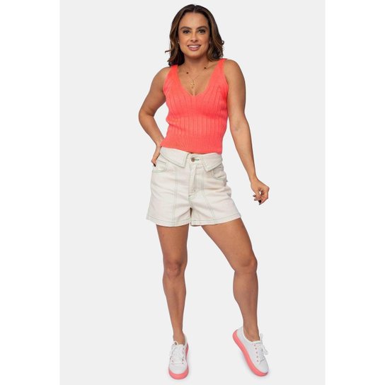 Tricô Blusa Cropped Regata Pink Tricot Modal Canelado com Decote V e Alças Finas Feminino - Salmão