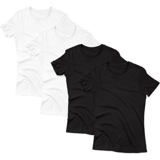 Kit 4 Camisetas Geogus Manga Curta 100% Algodão Feminino - Preto+Branco