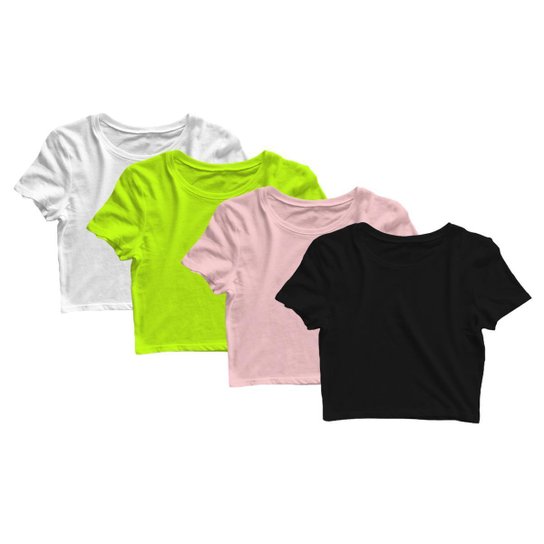 Kit 4 Blusas Cropped Blusinha Camiseta Feminina Lisa - Verde+Rosa