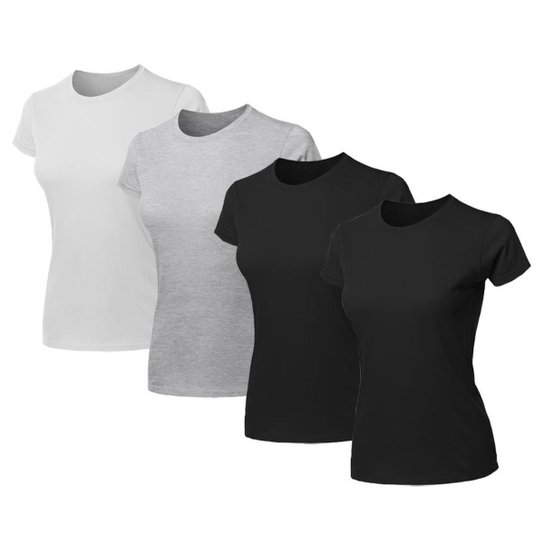 Kit 4 Blusa Feminina Camiseta Lisa Básica Algodão Camisa Baby Look Blusas - Preto+Cinza