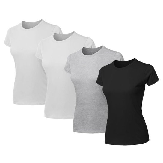 Kit 4 Blusa Feminina Camiseta Lisa Básica Algodão Camisa Baby Look Blusas - Branco+Cinza