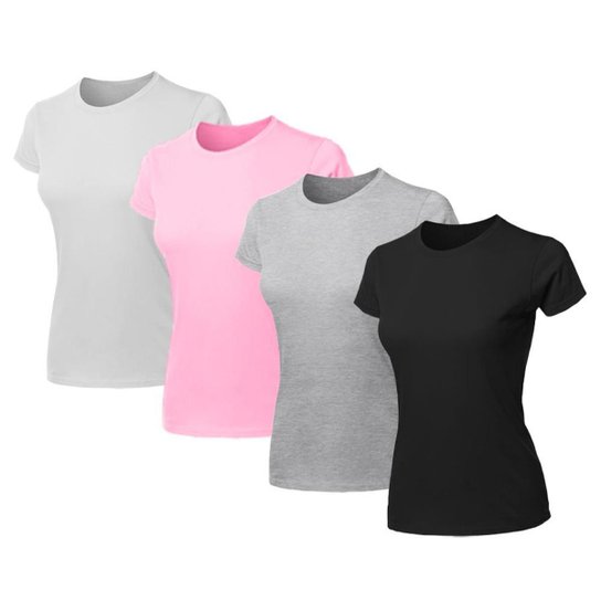 Kit 4 Blusa Feminina Camiseta Lisa Básica Algodão Camisa Baby Look Blusas - Cinza+Rosa