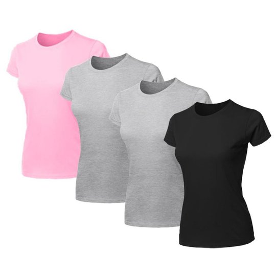 Kit 4 Blusa Feminina Camiseta Lisa Básica Algodão Camisa Baby Look Blusas - Rosa+Cinza