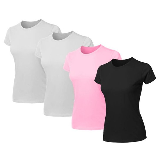 Kit 4 Blusa Feminina Camiseta Lisa Básica Algodão Camisa Baby Look Blusas - Preto+Rosa