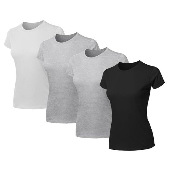 Kit 4 Blusa Feminina Camiseta Lisa Básica Algodão Camisa Baby Look Blusas - Cinza+Preto