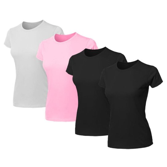 Kit 4 Blusa Feminina Camiseta Lisa Básica Algodão Camisa Baby Look Blusas - Preto+Branco