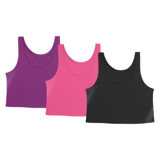 Kit 3 Cropped Regata Cavado Dry Proteção Solar UV Feminino Fitness Academia Treino Blusinha - Preto+Roxo